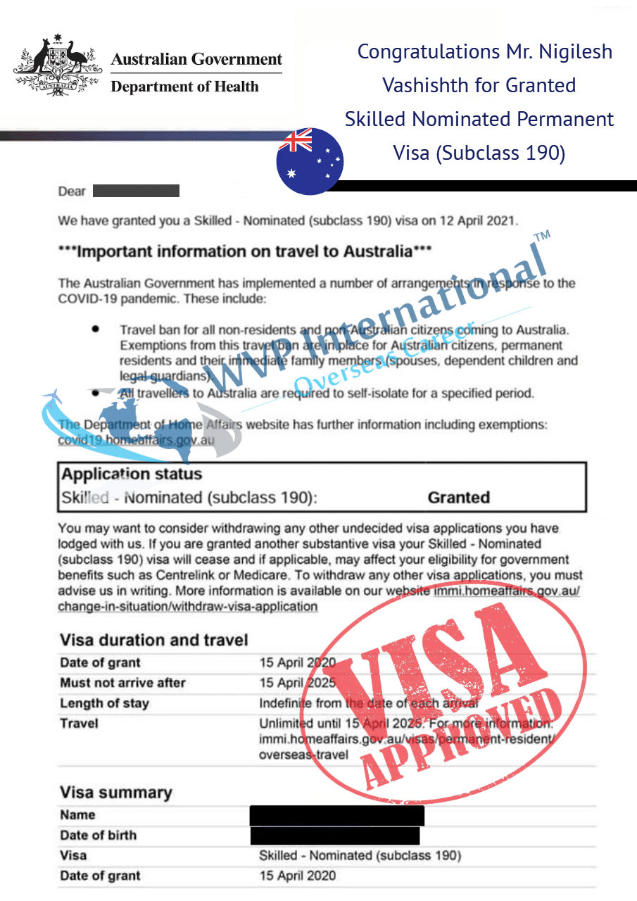 granted Australia Skilled Nominated Permanent Visa (Subclass 190)